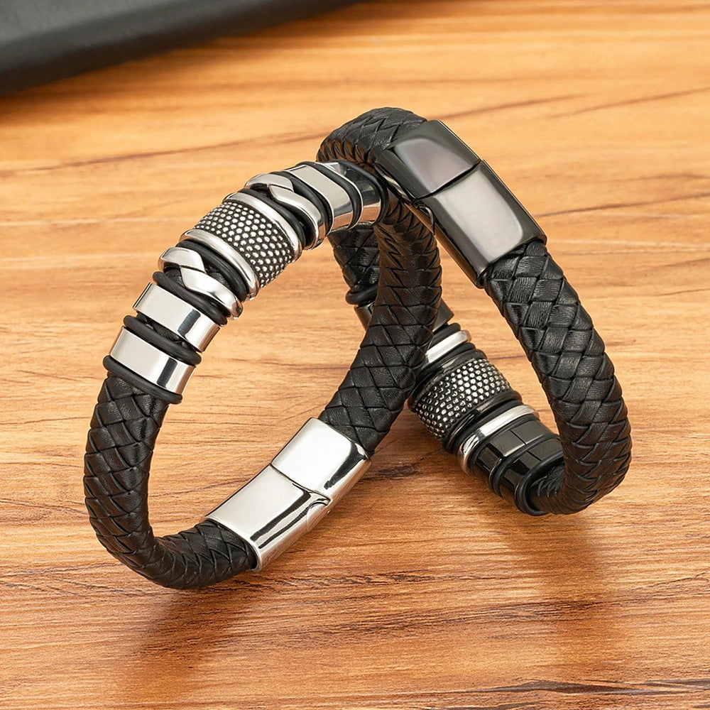 Retro Stainless Steel Leather Bracelet